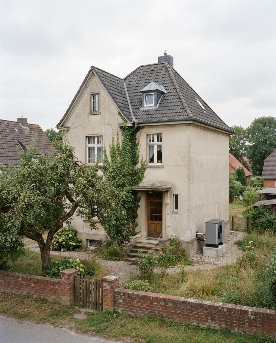 Älteres verputztes Einfamilienhaus, für das eine Wärmepumpe geeignet ist