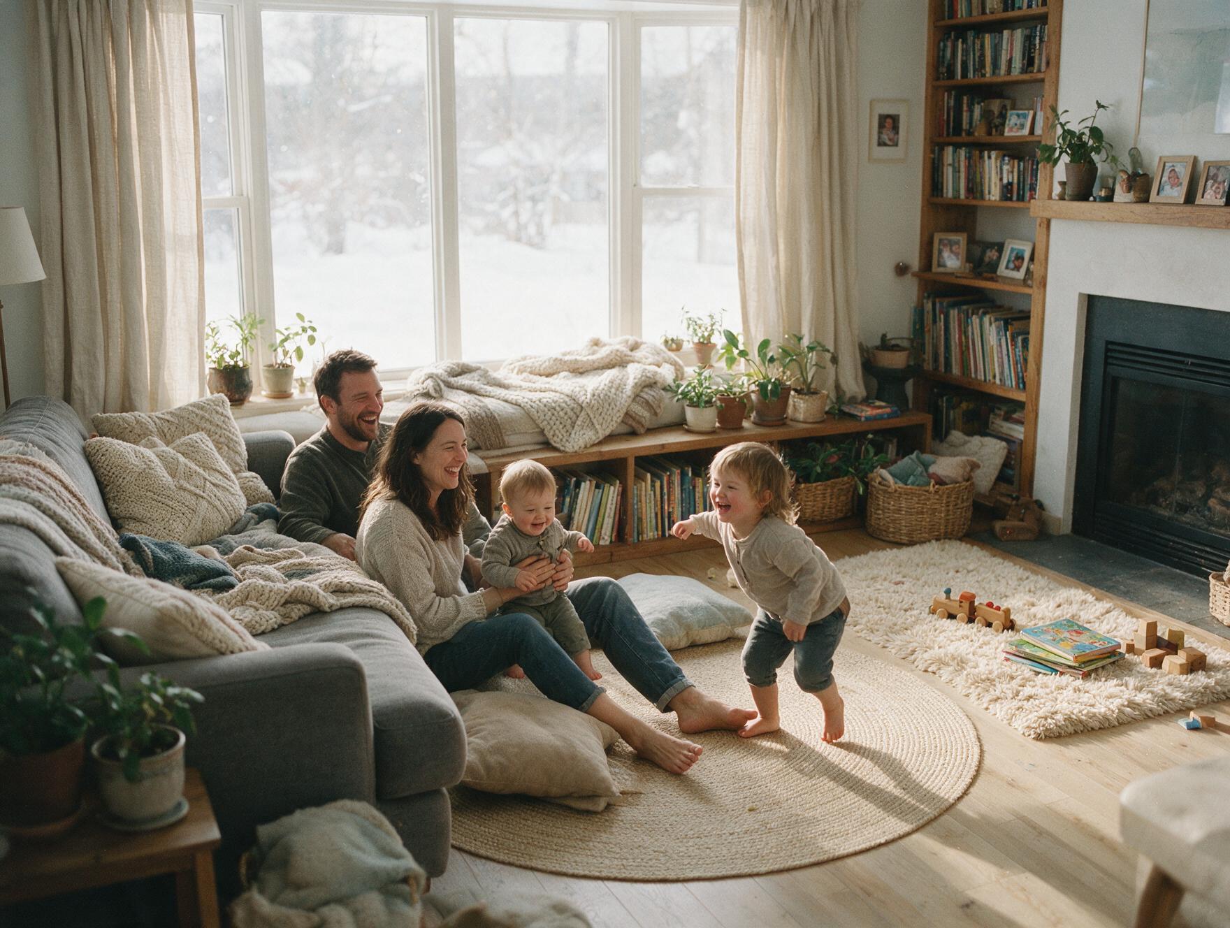 Familie in einem warmen Wohnzimmer im Winter