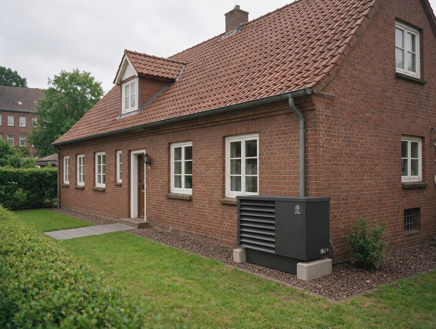 Backsteinhaus mit Wärmepumpe an der Hauswand